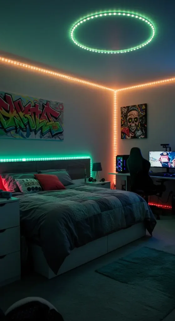 Room With Led Strip Lights Outlining The Ceiling