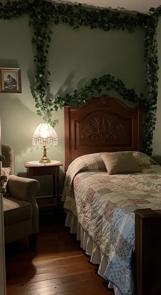 rustic bedroom with ivy creeping