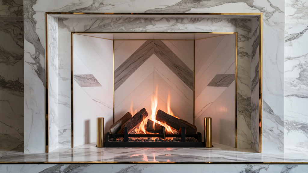 Sophisticated Fireplace Design Featuring A White And Grey Veined Marble