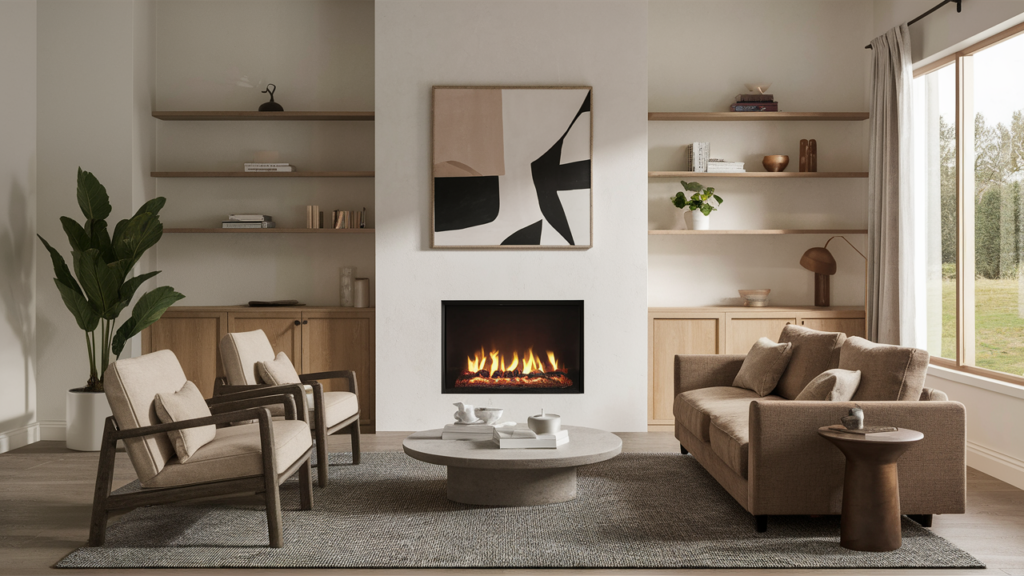 Wall-mounted Fireplace With Clean, Simple Lines, Complemented By Open Shelving