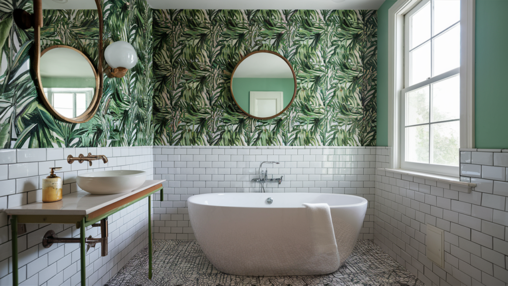 Wallpaper In A Bathroom With White Subway Tiles