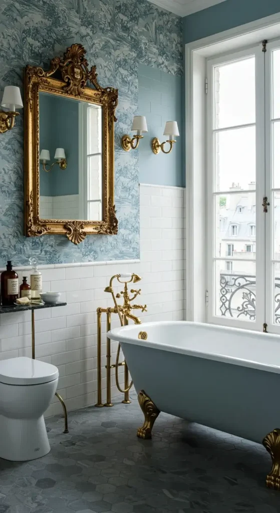 A Parisian-inspired Bathroom With An Ornate Gold-framed