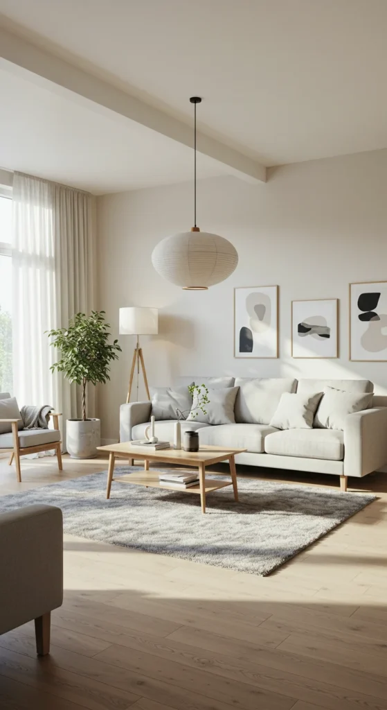 A Scandinavian-style Living Room With Light Wood Furniture