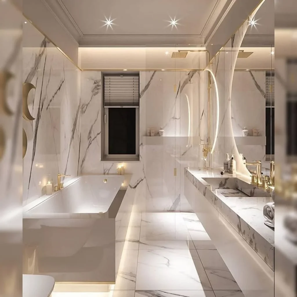 A Bathroom Designed With Ocean-blue Tiles, Seashell Sinks