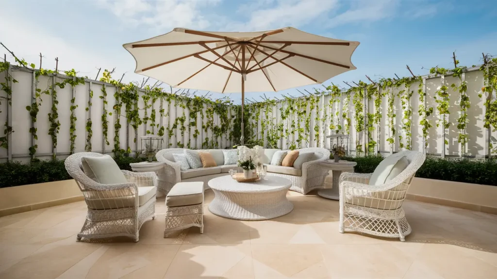 A Beautifully Designed Patio With Light-colored Furniture And Décor