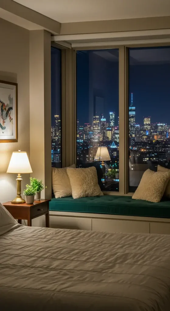 A Bedroom With A Cozy Window Seat Overlooking A City Skyline