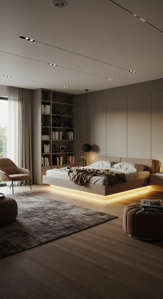 A Bedroom With A Floating Bed And Hidden Led Lighting