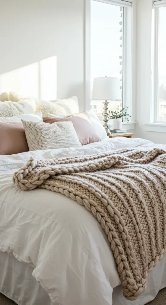 A Bedroom With A Layered Bed Featuring Plush Pillows