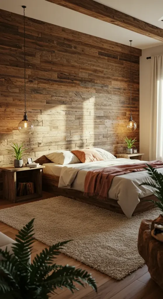 A Bedroom With A Rustic Wooden Accent Wall