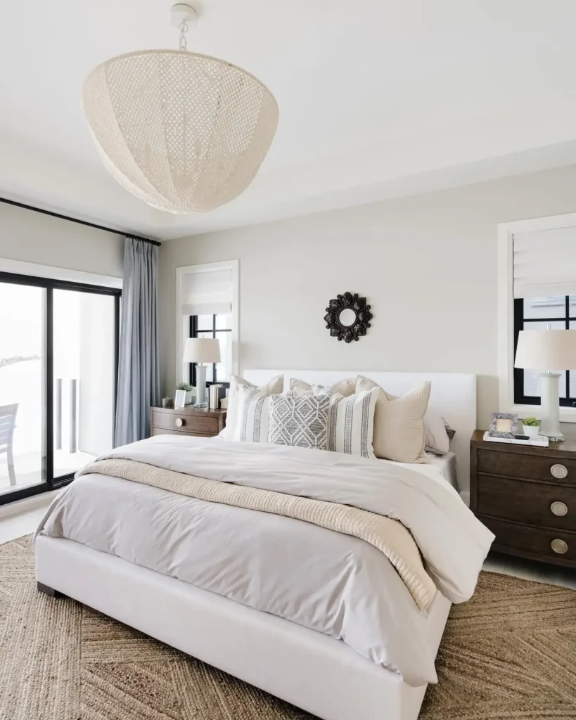 A Bedroom With A Soft Neutral Color Scheme And Cozy Decor