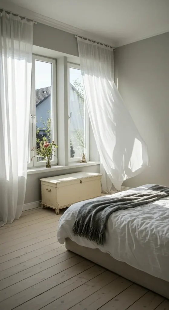 A Bedroom With Large Windows And Bright