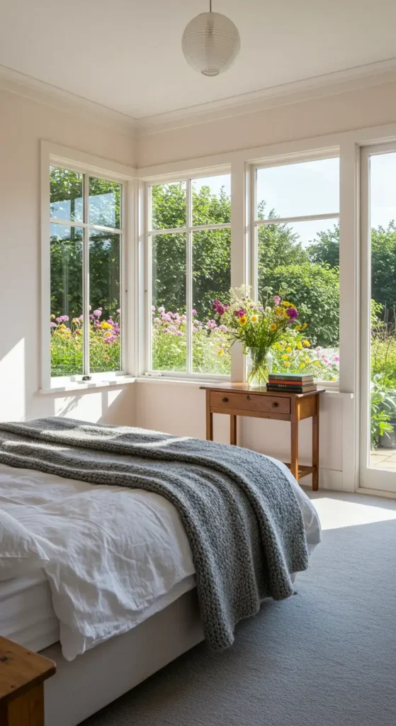 A Bedroom With Large Windows And Bright Natural Daylight