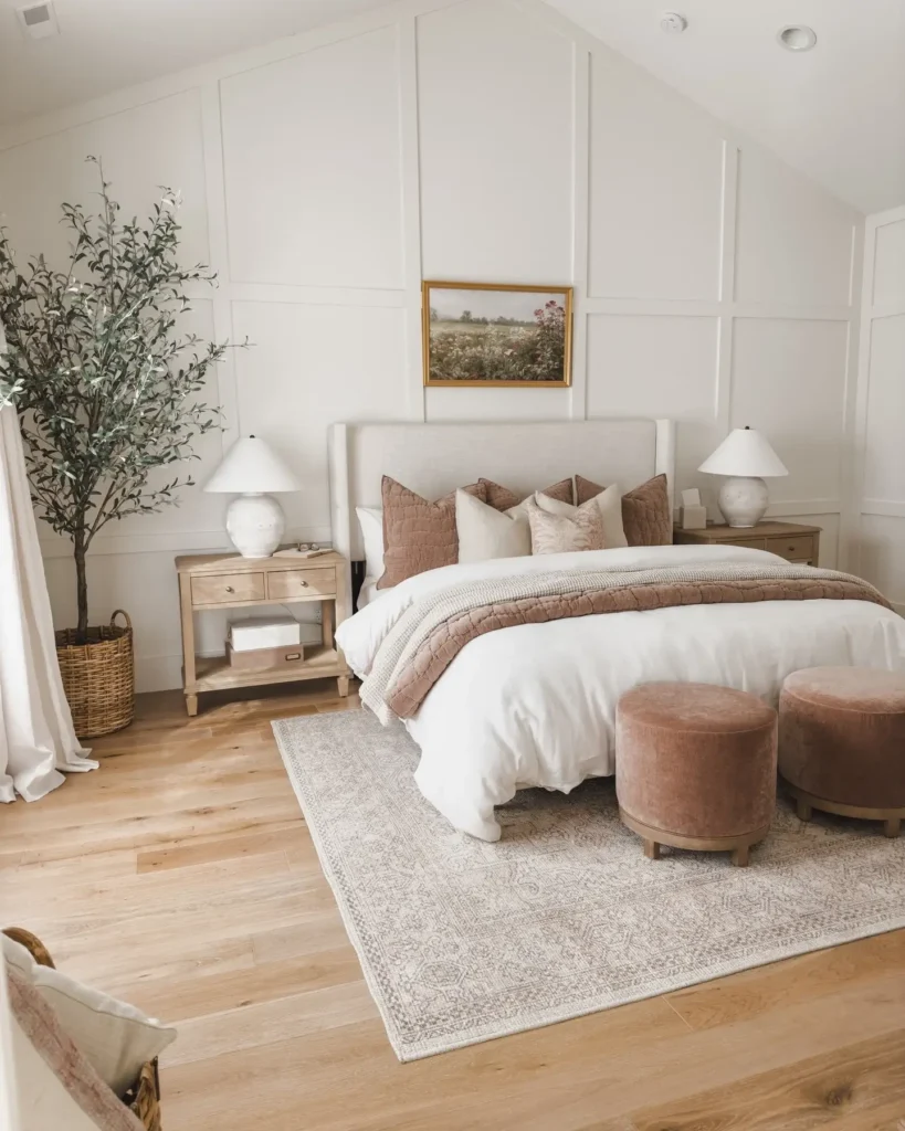 A Bedroom With Warm Wood Furniture And Natural Elements