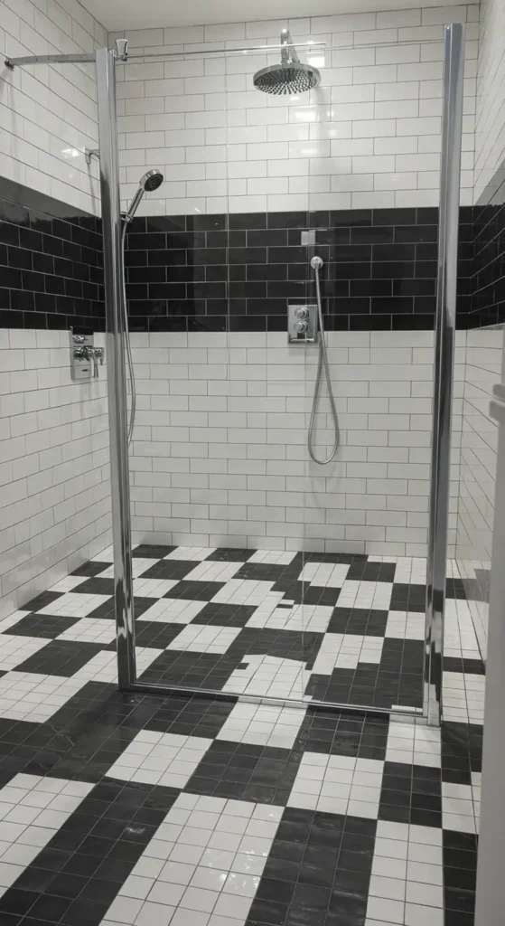 A Black And White Modern Shower With Checkered Floor Tiles