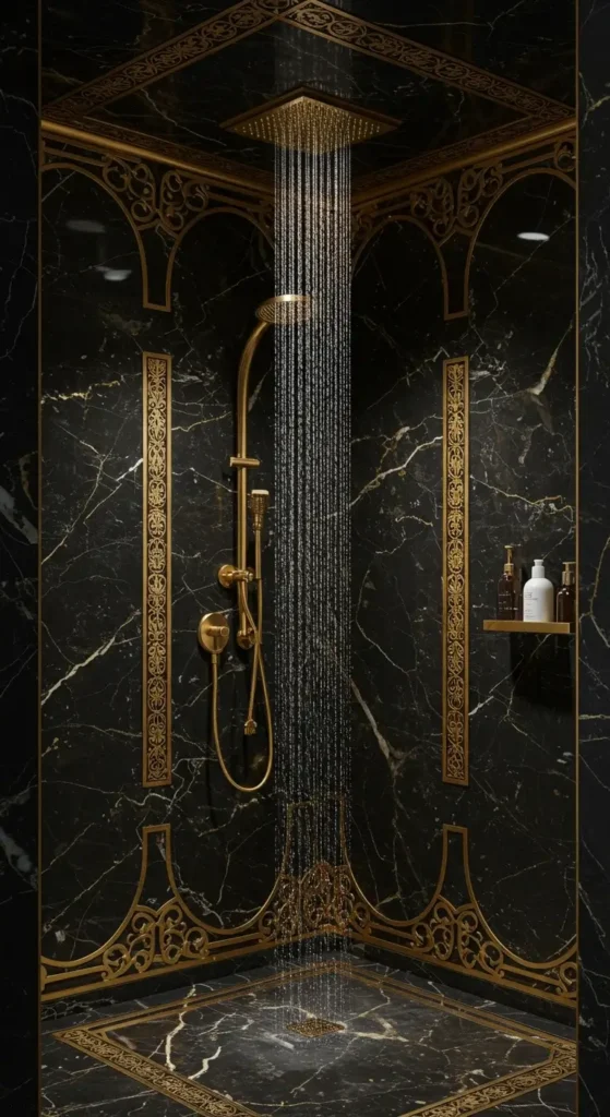 A Black Marble Shower With Gold Trim