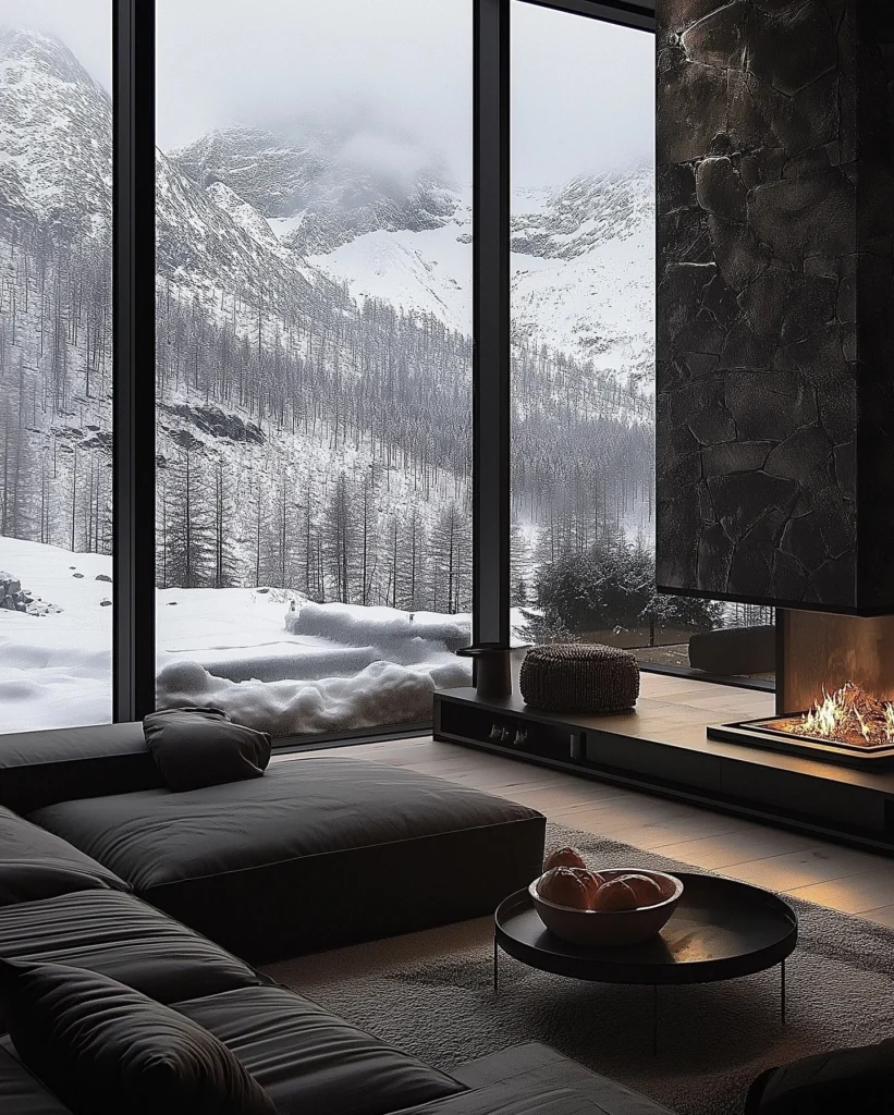 A Cabin-style Living Room With Dark Decor