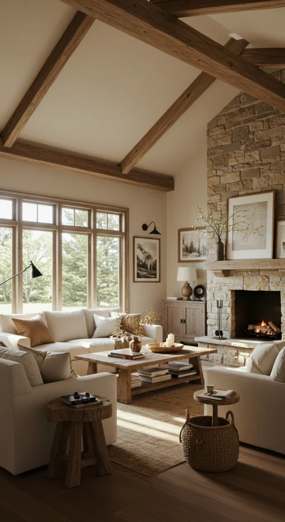 A Charming Farmhouse-inspired Living Room With Warm Wood Details