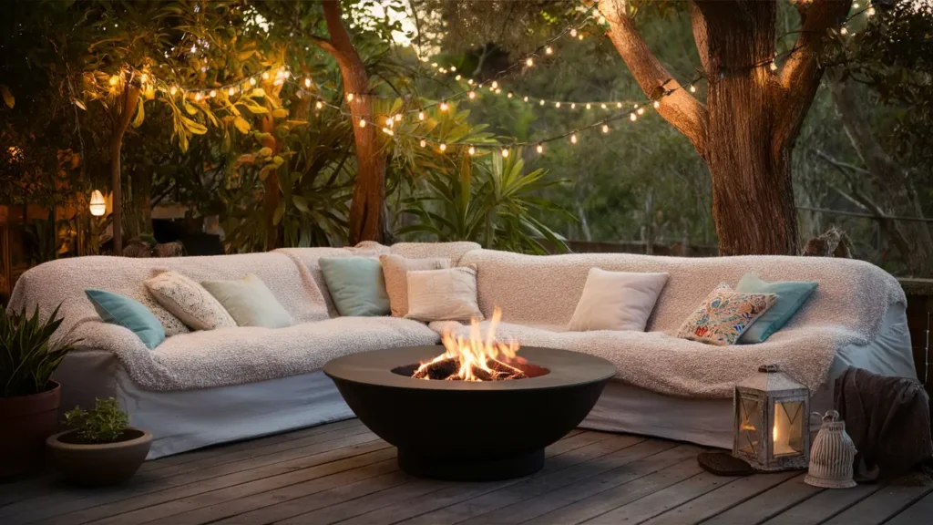 A Charming Outdoor Patio Setting, With A Plush