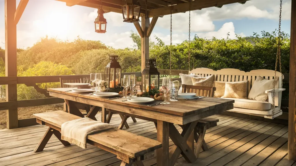 A Charming, Rustic Country-inspired Patio Setting With A Reclaimed Wood