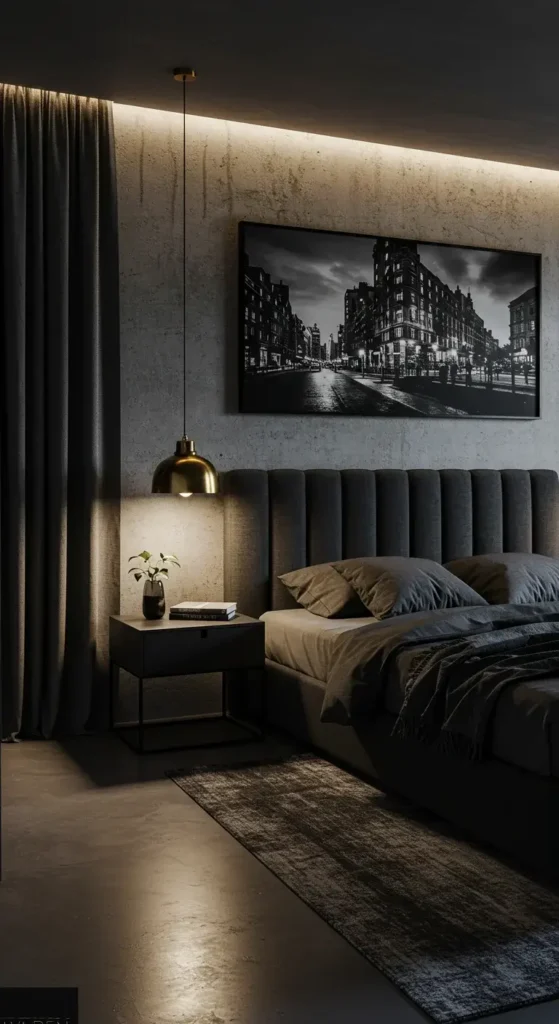 A Chic Urban Black Bedroom With Exposed Concrete Walls