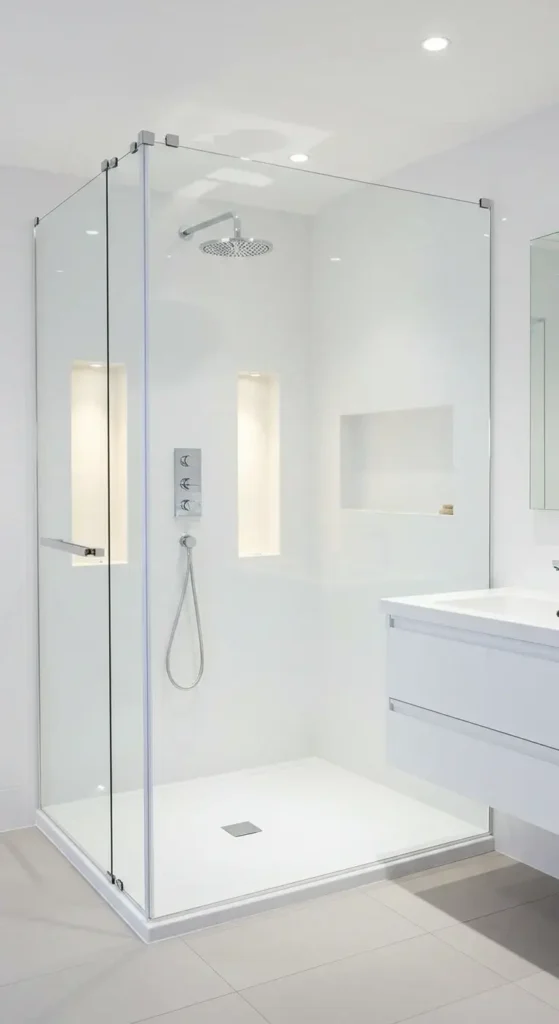 A Completely White, Frameless Glass Shower