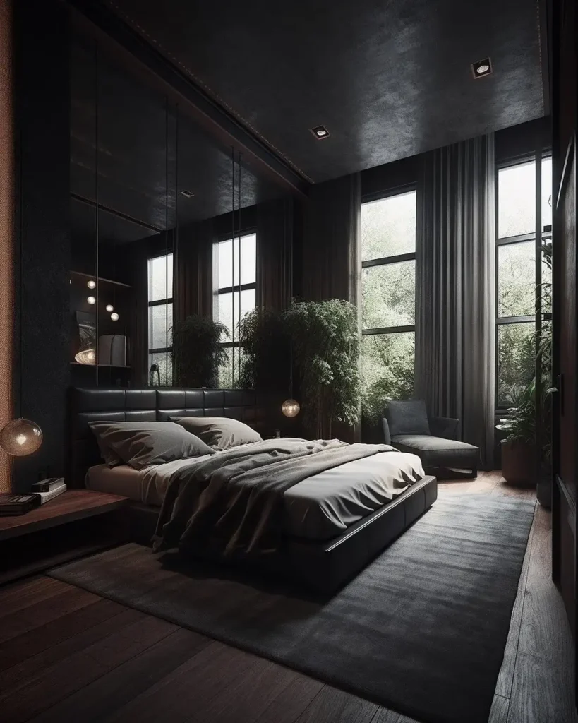 A Contemporary Dark Bedroom With A Stylish Black Bed