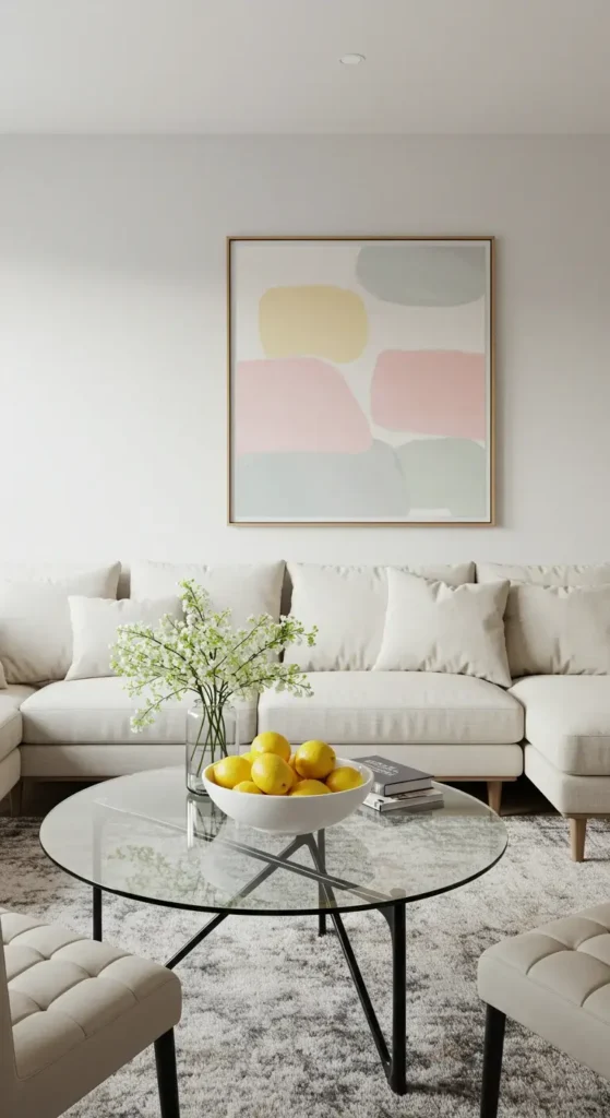 A Contemporary Living Room With A Glass Coffee Table