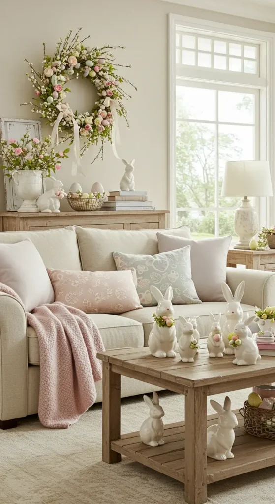 A Cozy Easter-themed Living Room With Soft Pastel Decorations