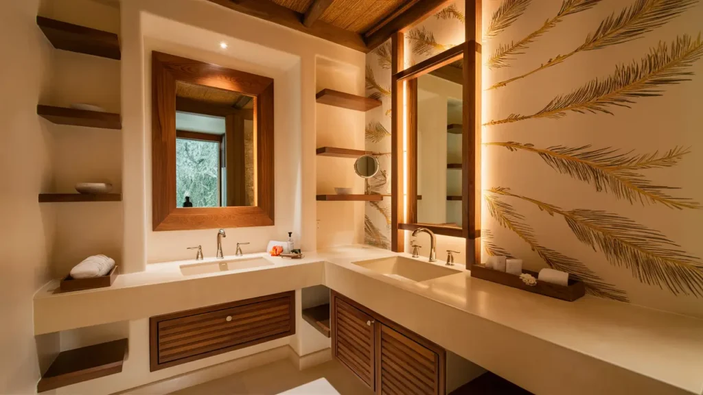 A Cozy And Inviting Bathroom Features A Sleek Vanity