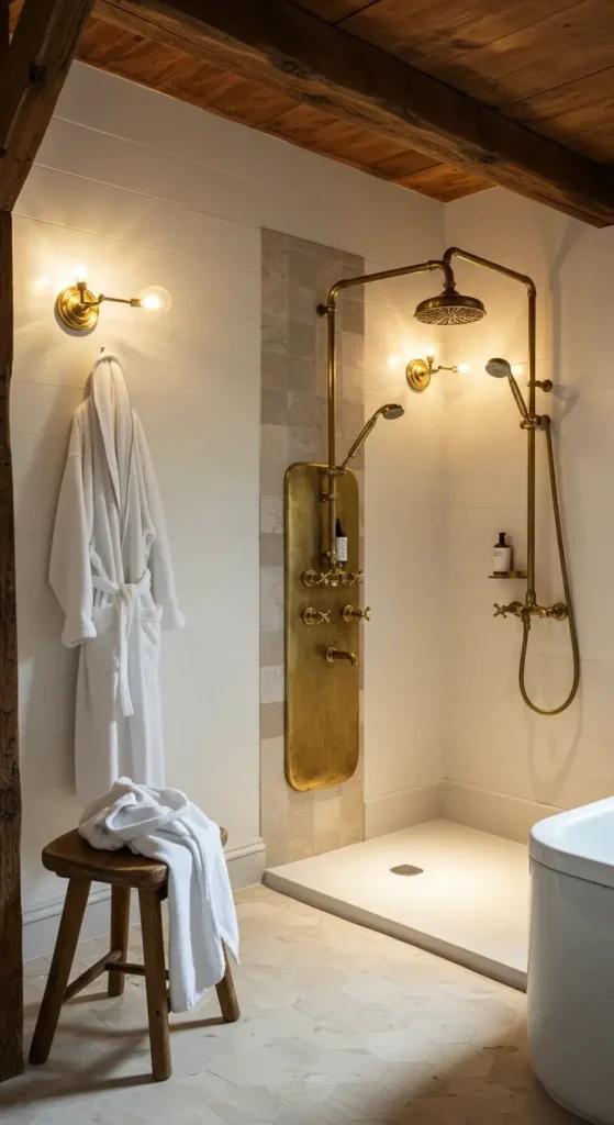 A Cozy Bathroom With A Wooden-beamed Ceiling