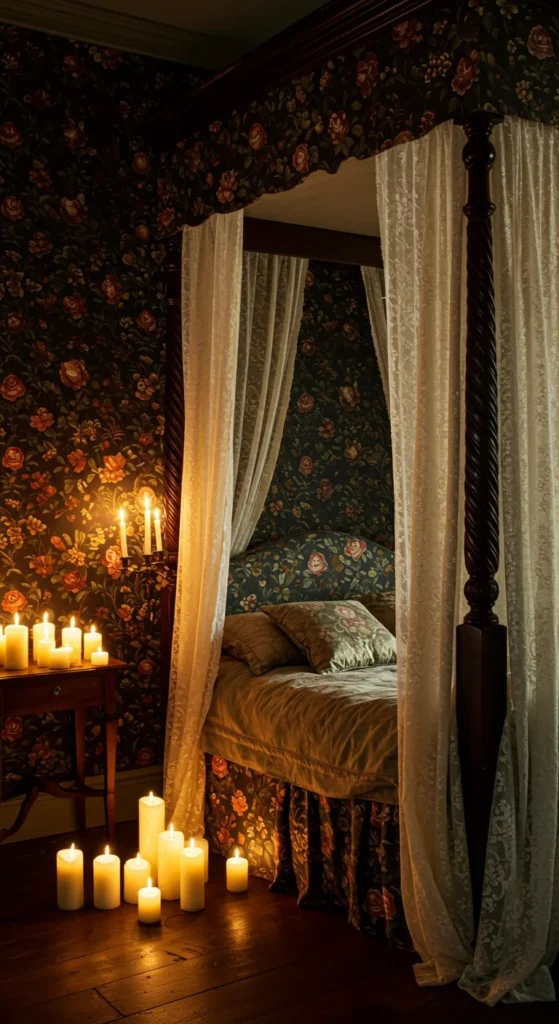 A Cozy Bedroom With Dark Floral Wallpaper