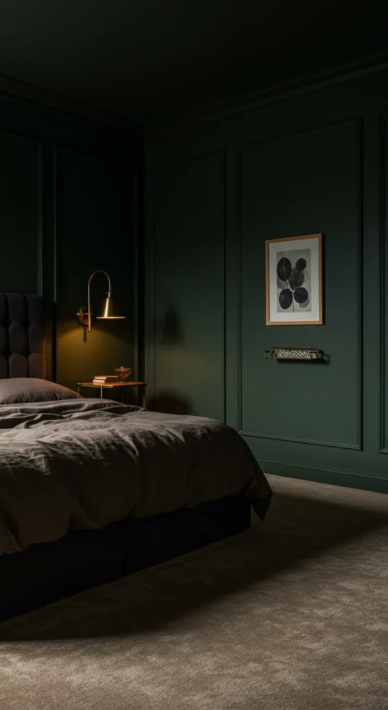 A Cozy Dark Bedroom With Deep Green Walls