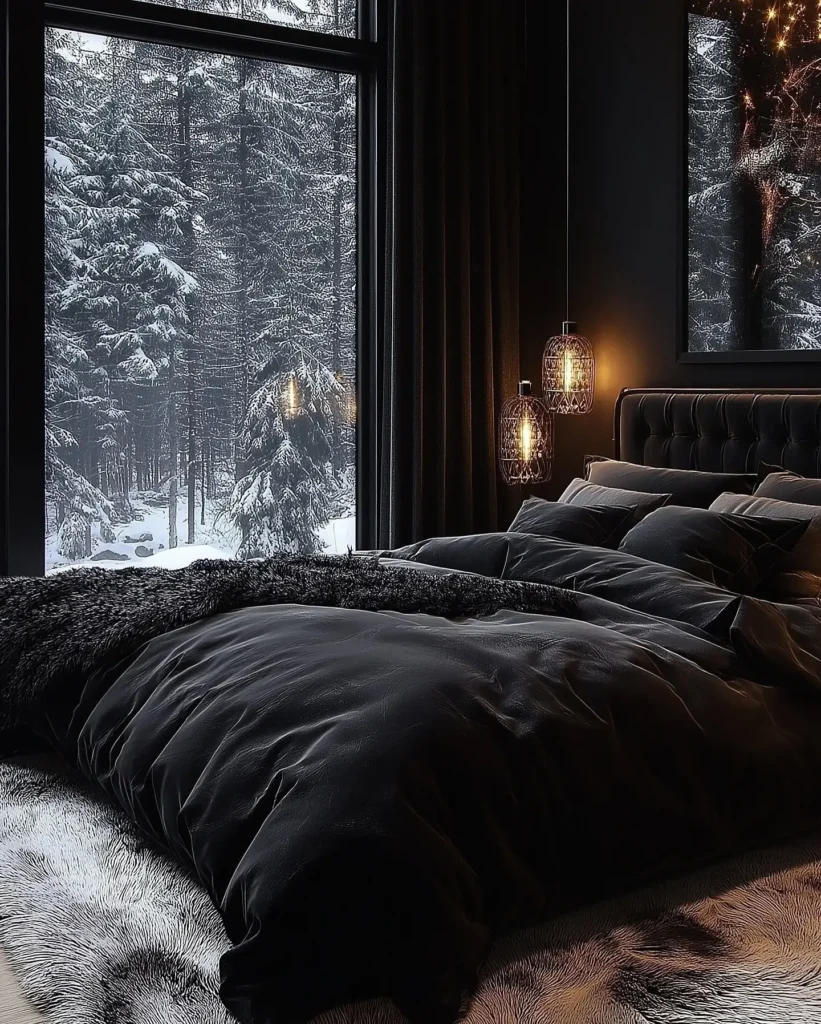 A Cozy Dark-themed Bedroom With A Snowy Outdoor View