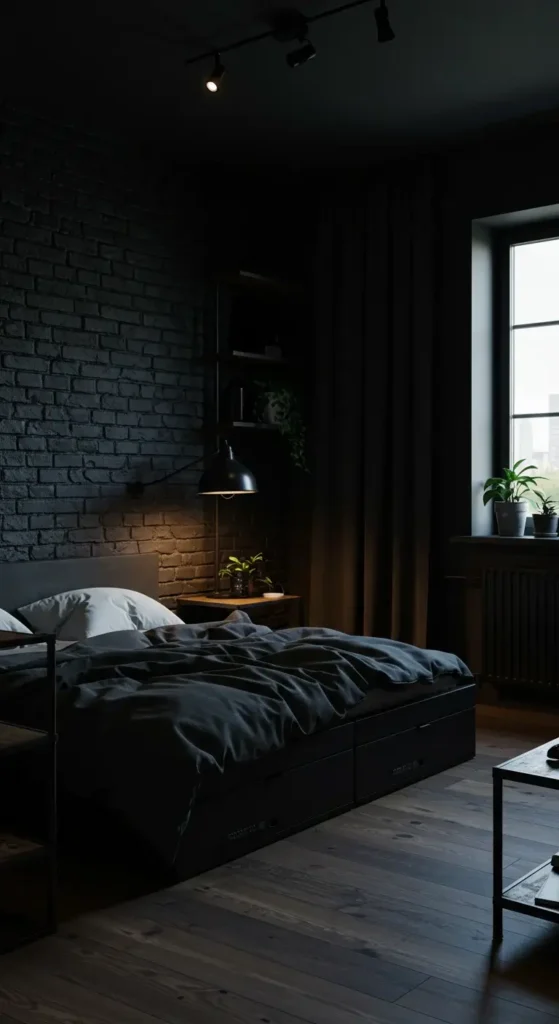 A Cozy Industrial-inspired Black Bedroom