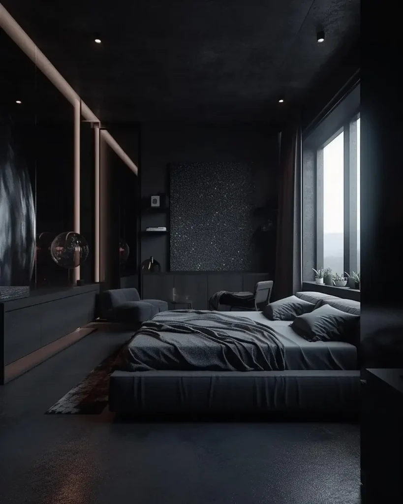 A Dark Modern Bedroom With Floor-to-ceiling Windows