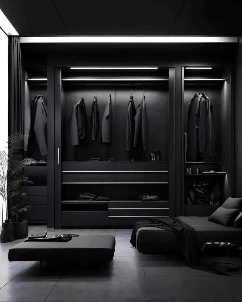 A Dark Modern Living Room With Concrete Walls