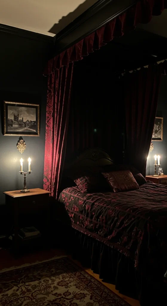 A Dimly Lit Bedroom With A Gothic Aesthetic