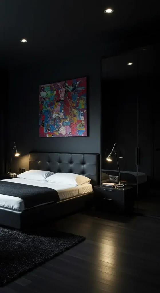 A Dramatic Black Bedroom With High-contrast Lighting