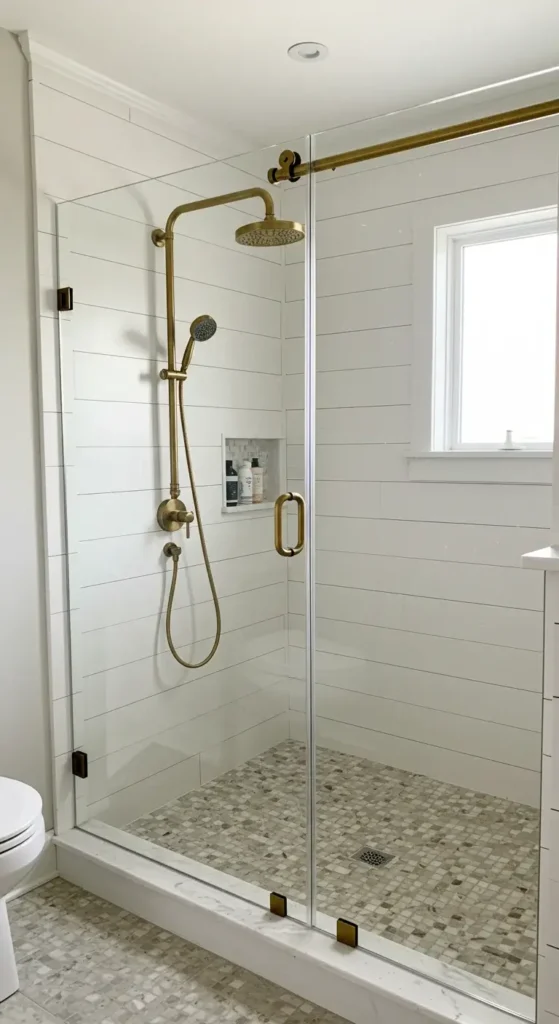 A Farmhouse-style Shower With Shiplap Walls