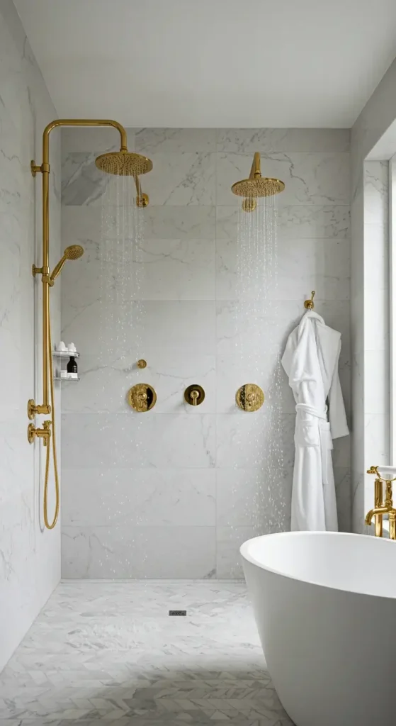 A High-end Hotel-style Bathroom With A Double Rainfall Shower