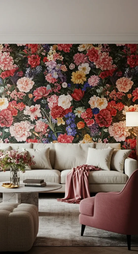 A Living Room With A Striking Floral Mural As A Focal Point