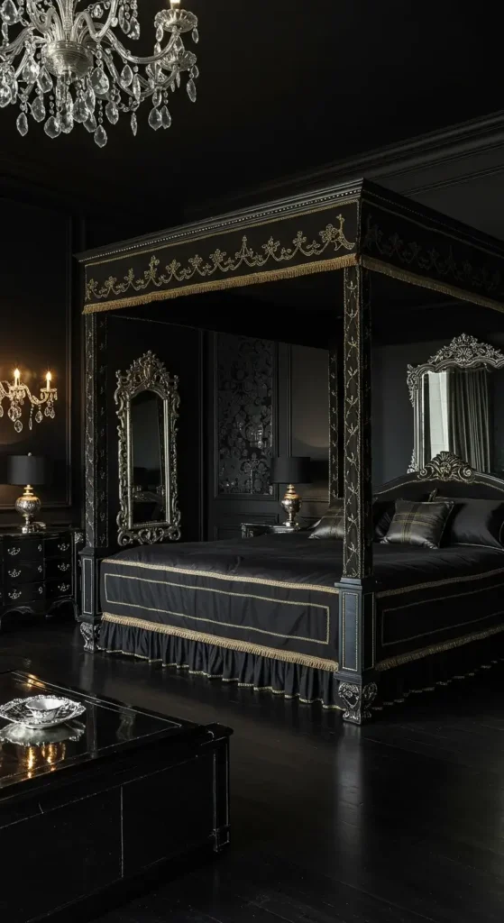 A Luxurious Bedroom With Rich Black Walls