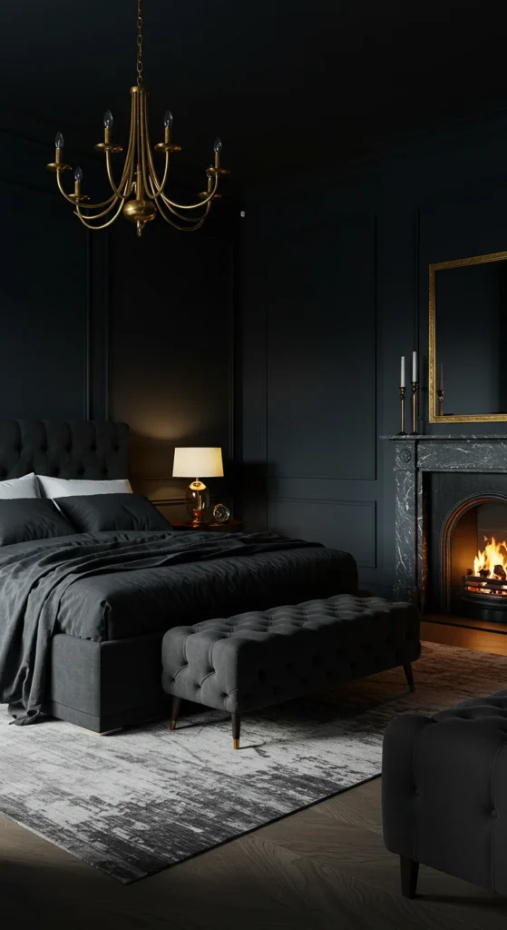 A Luxurious Dark Bedroom With Deep Navy Walls