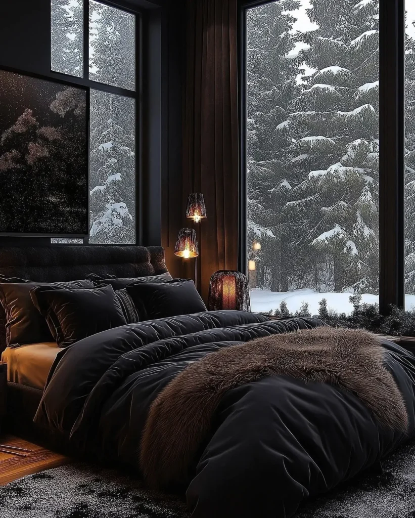 A Luxurious Dark Bedroom With Plush Bedding