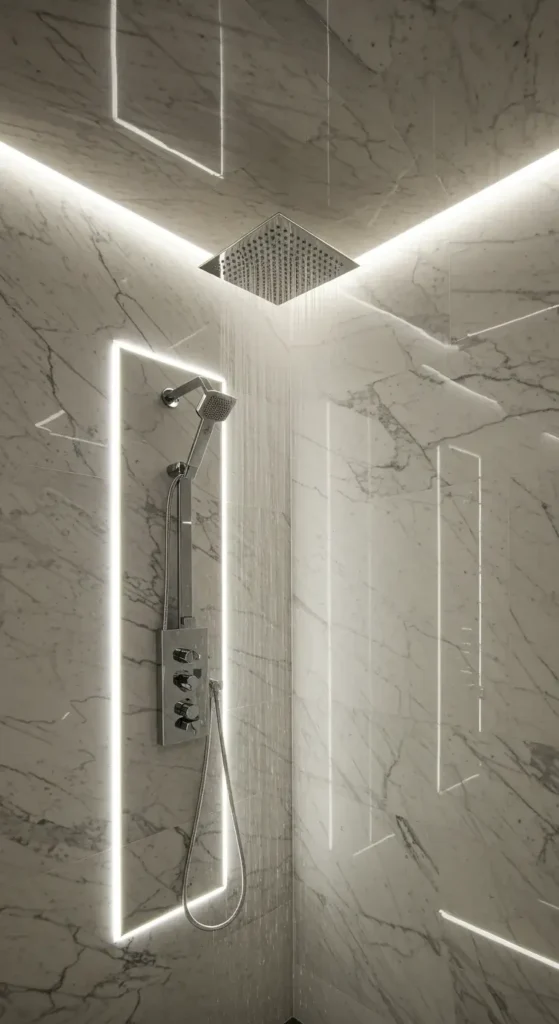 A Luxurious Walk-in Shower With Marble Walls