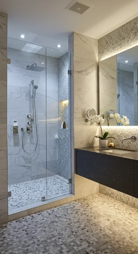 A Luxury Resort-style Bathroom With A Dual Walk-in Shower