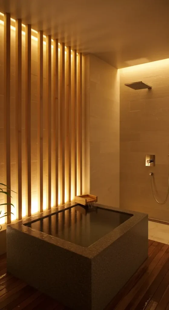 A Minimalist Japanese-style Shower With Wooden Slats