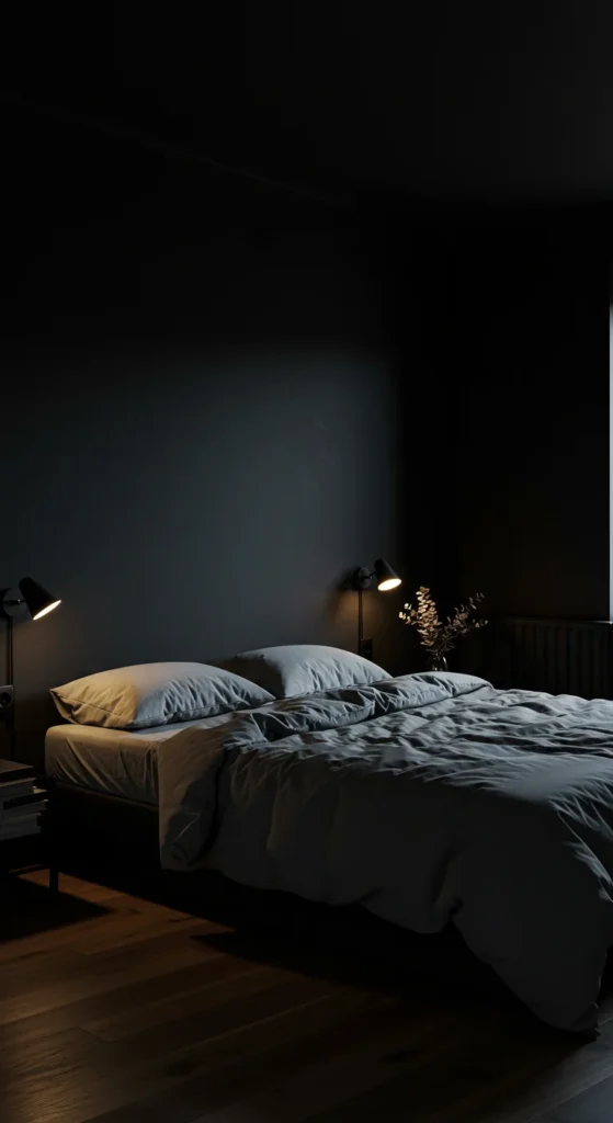 A Minimalist Bedroom With Black Walls, Grey Bedding