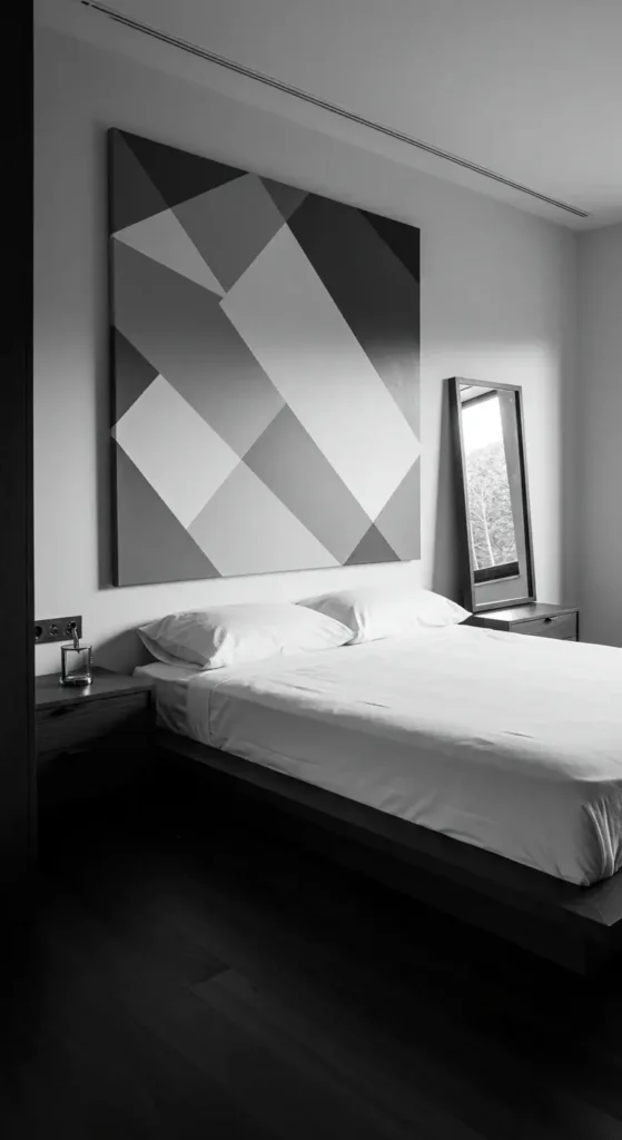 A Minimalist Black-and-white Bedroom With Geometric Wall Art