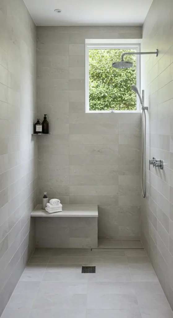 A Minimalist Shower With Light Gray Tiles